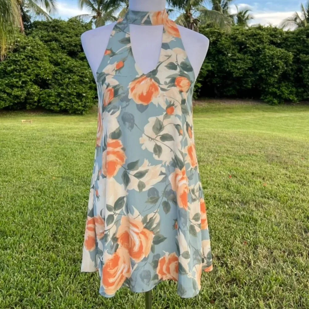 Lulus Floral Swing Mini Dress Party sz S peach teal